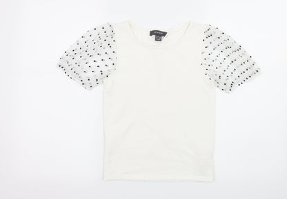 Primark Womens White Polka Dot Jersey Basic T-Shirt Size 6  - sheer sleeves