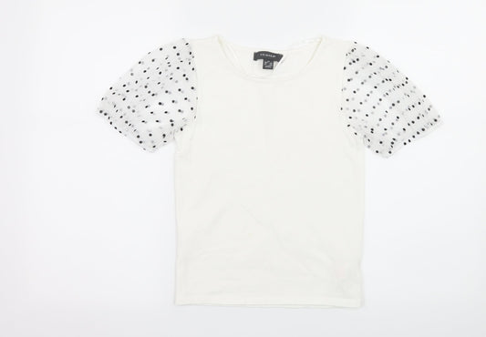 Primark Womens White Polka Dot Jersey Basic T-Shirt Size 6  - sheer sleeves