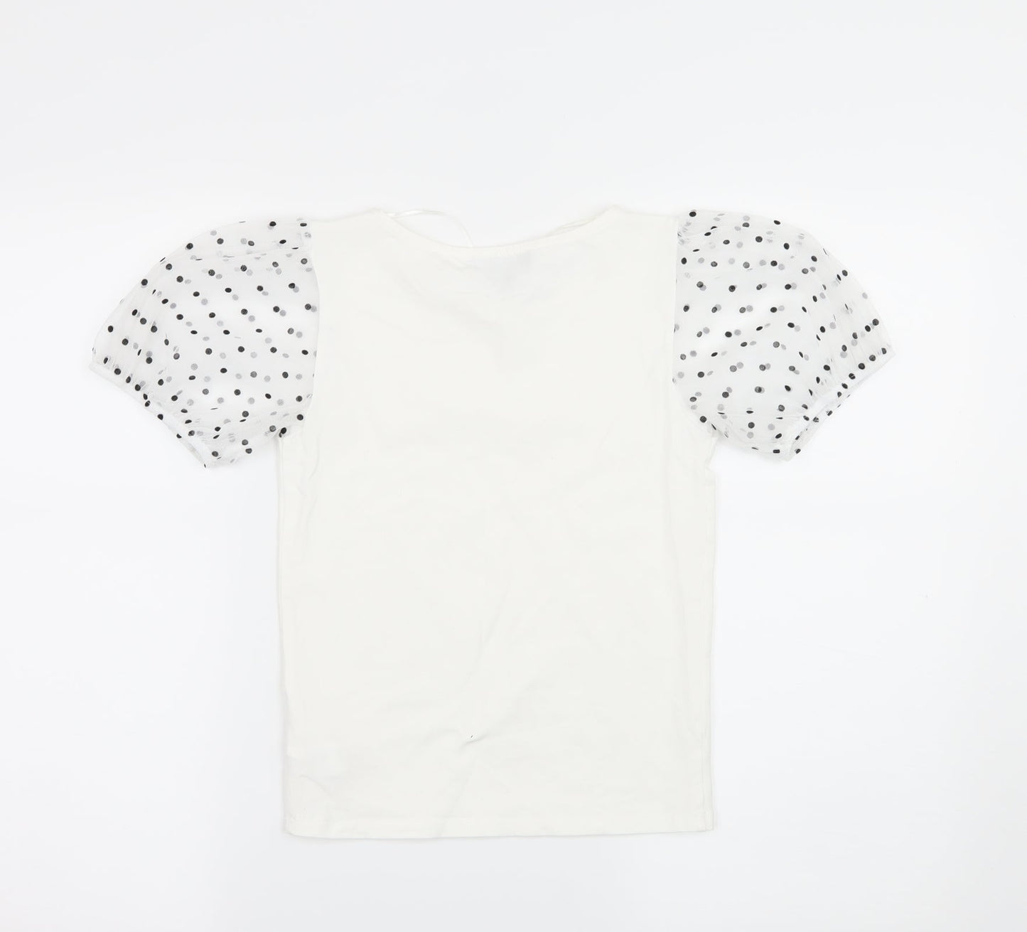 Primark Womens White Polka Dot Jersey Basic T-Shirt Size 6  - sheer sleeves