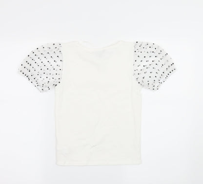 Primark Womens White Polka Dot Jersey Basic T-Shirt Size 6  - sheer sleeves