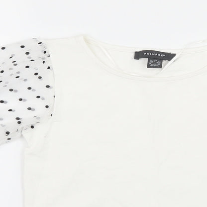 Primark Womens White Polka Dot Jersey Basic T-Shirt Size 6  - sheer sleeves