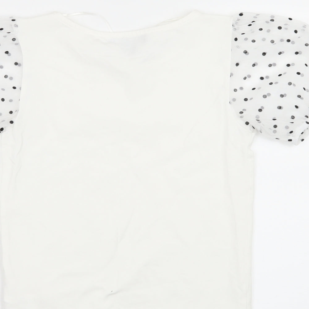 Primark Womens White Polka Dot Jersey Basic T-Shirt Size 6  - sheer sleeves