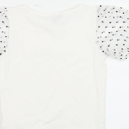 Primark Womens White Polka Dot Jersey Basic T-Shirt Size 6  - sheer sleeves