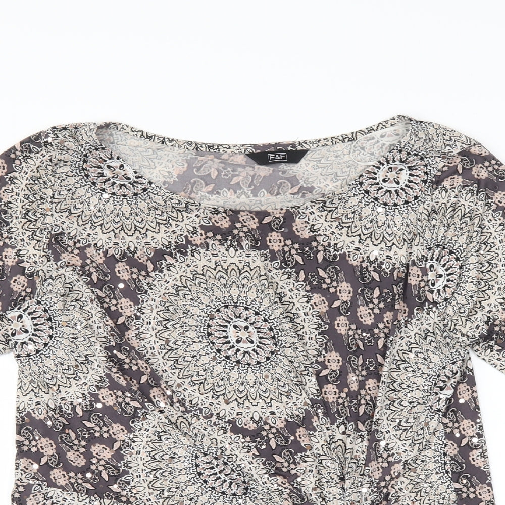 F&F Womens Grey Geometric  Basic T-Shirt Size 10
