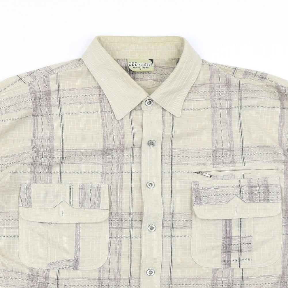 Zee Pnayer Mens Beige Plaid   Button-Up Size L