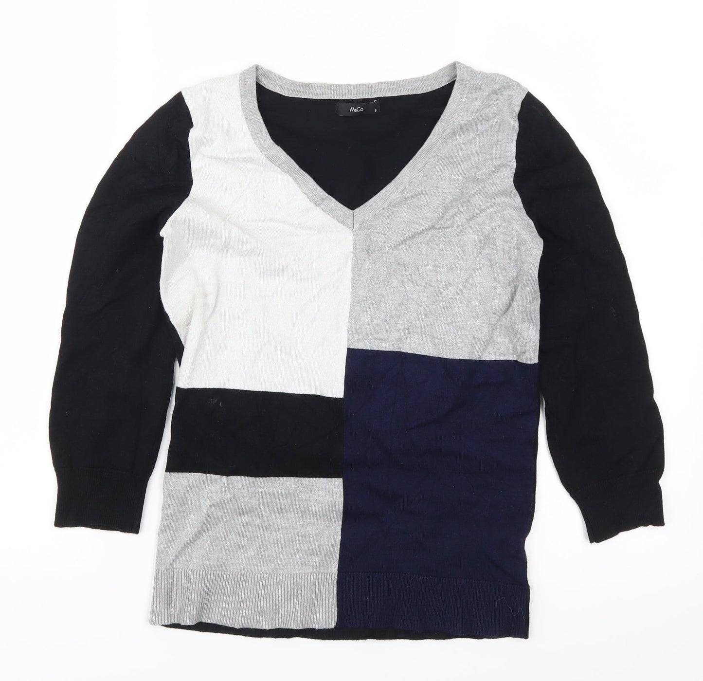 M&Co Womens Black Geometric  Pullover Jumper Size 8  - Grey and Blue