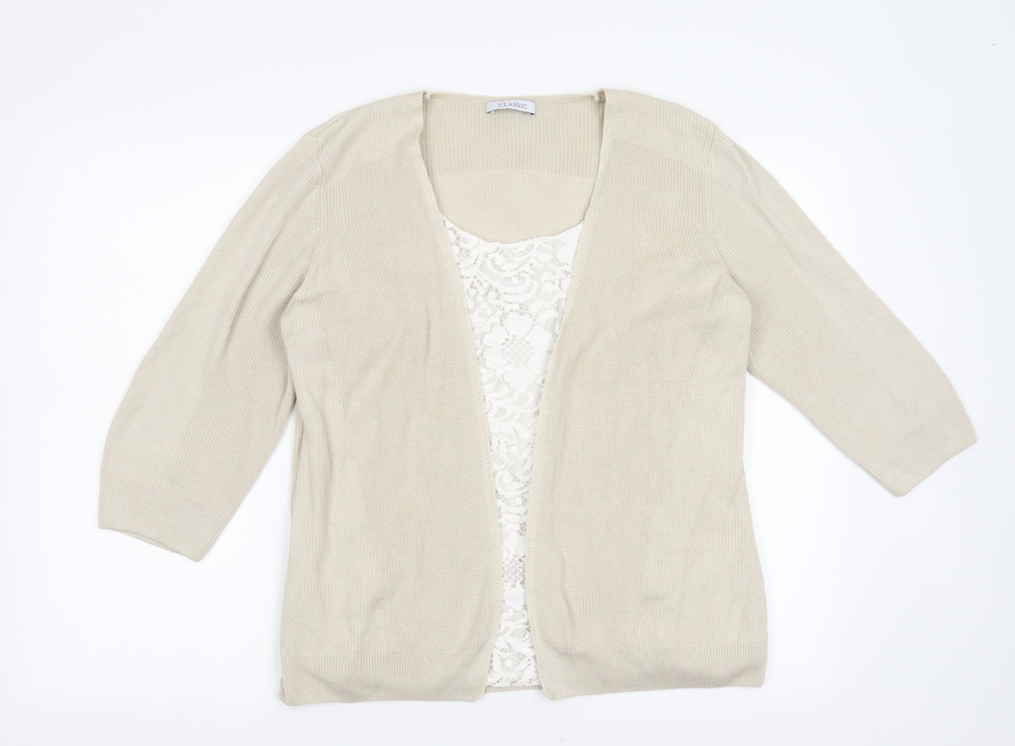 Marks and Spencer Womens Beige Floral  Cardigan Jumper Size 16  - under shirt detail, floral lace
