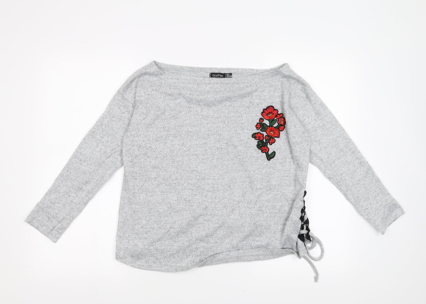 Boohoo Womens Grey   Pullover Jumper Size 10  - Floral Embroidery
