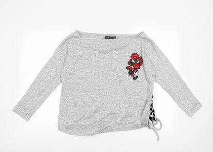 Boohoo Womens Grey   Pullover Jumper Size 10  - Floral Embroidery