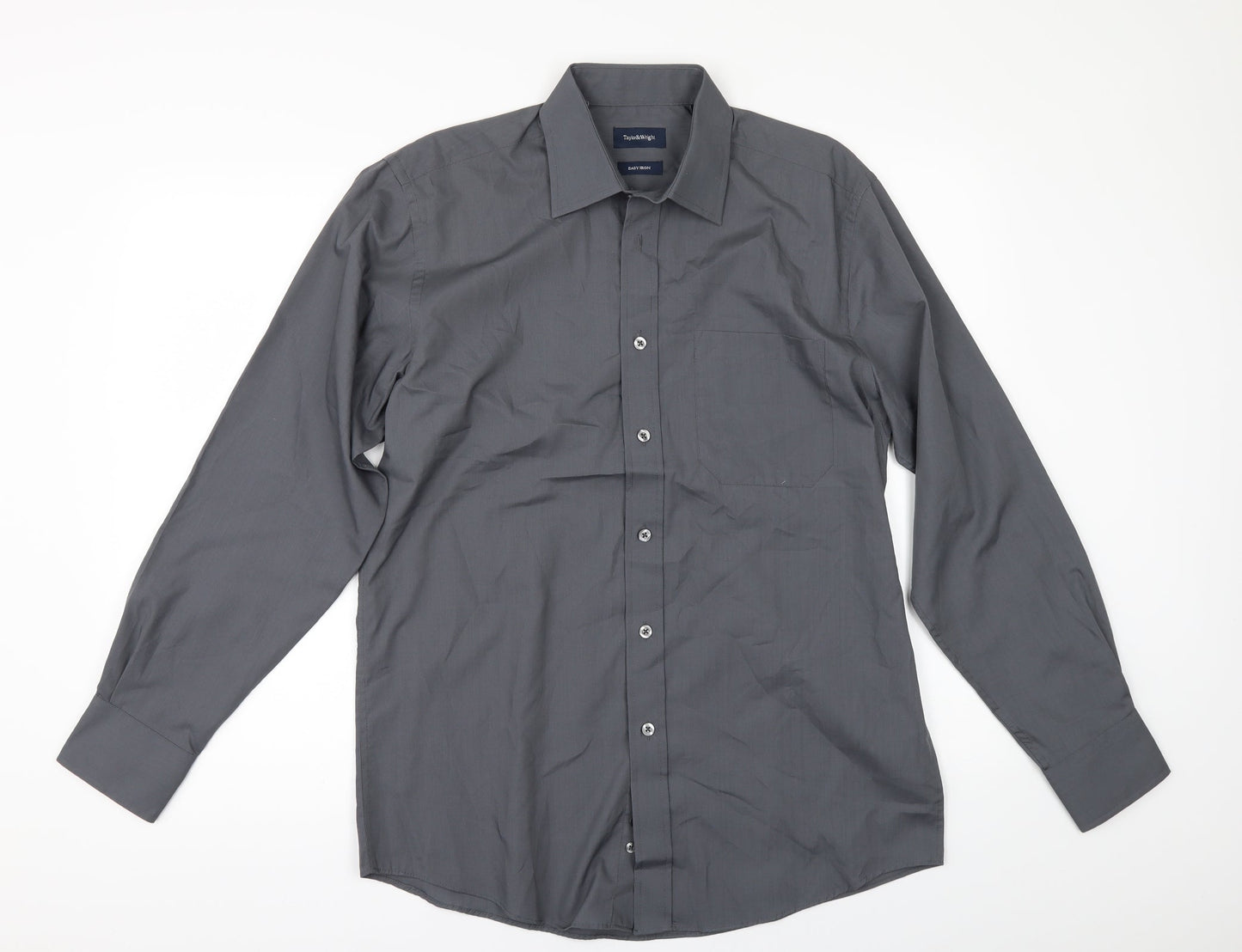 Mens UK Size 15 Marks and Spencer Grey  Button-Up Long Sleeve Casual Shirt