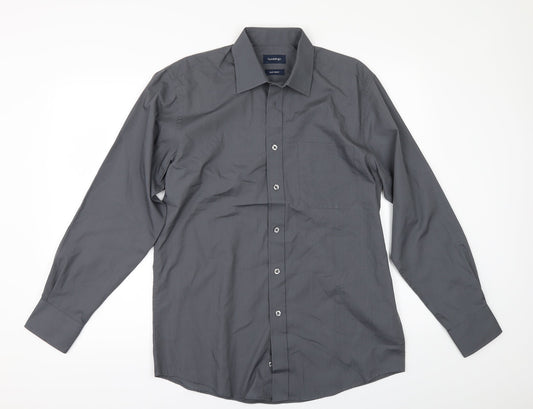Mens UK Size 15 Marks and Spencer Grey  Button-Up Long Sleeve Casual Shirt