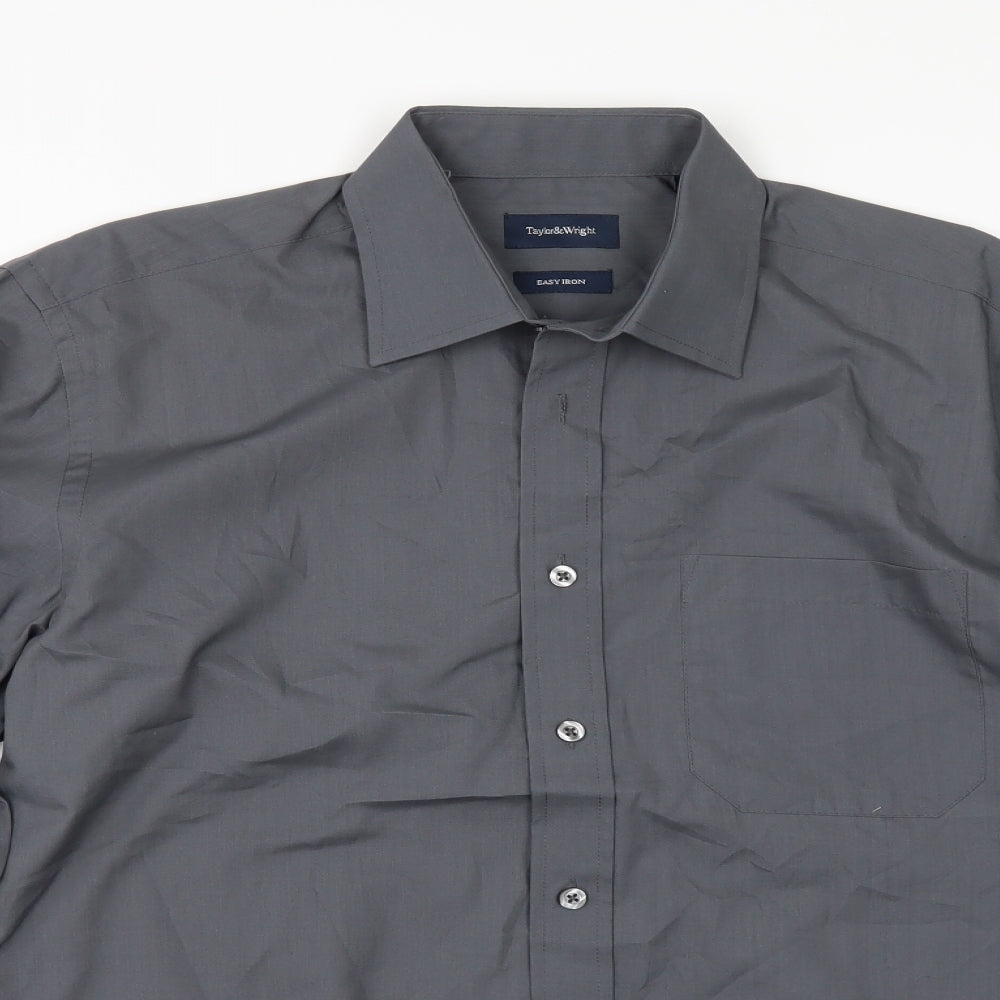 Mens UK Size 15 Marks and Spencer Grey  Button-Up Long Sleeve Casual Shirt