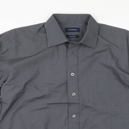 Mens UK Size 15 Marks and Spencer Grey  Button-Up Long Sleeve Casual Shirt