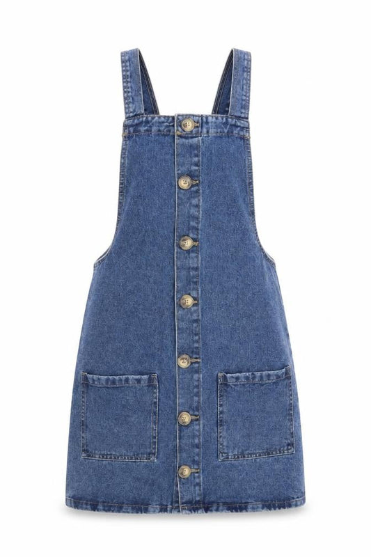 Front view of Denim CO women’s blue pinafore/dungaree dress, size UK 6