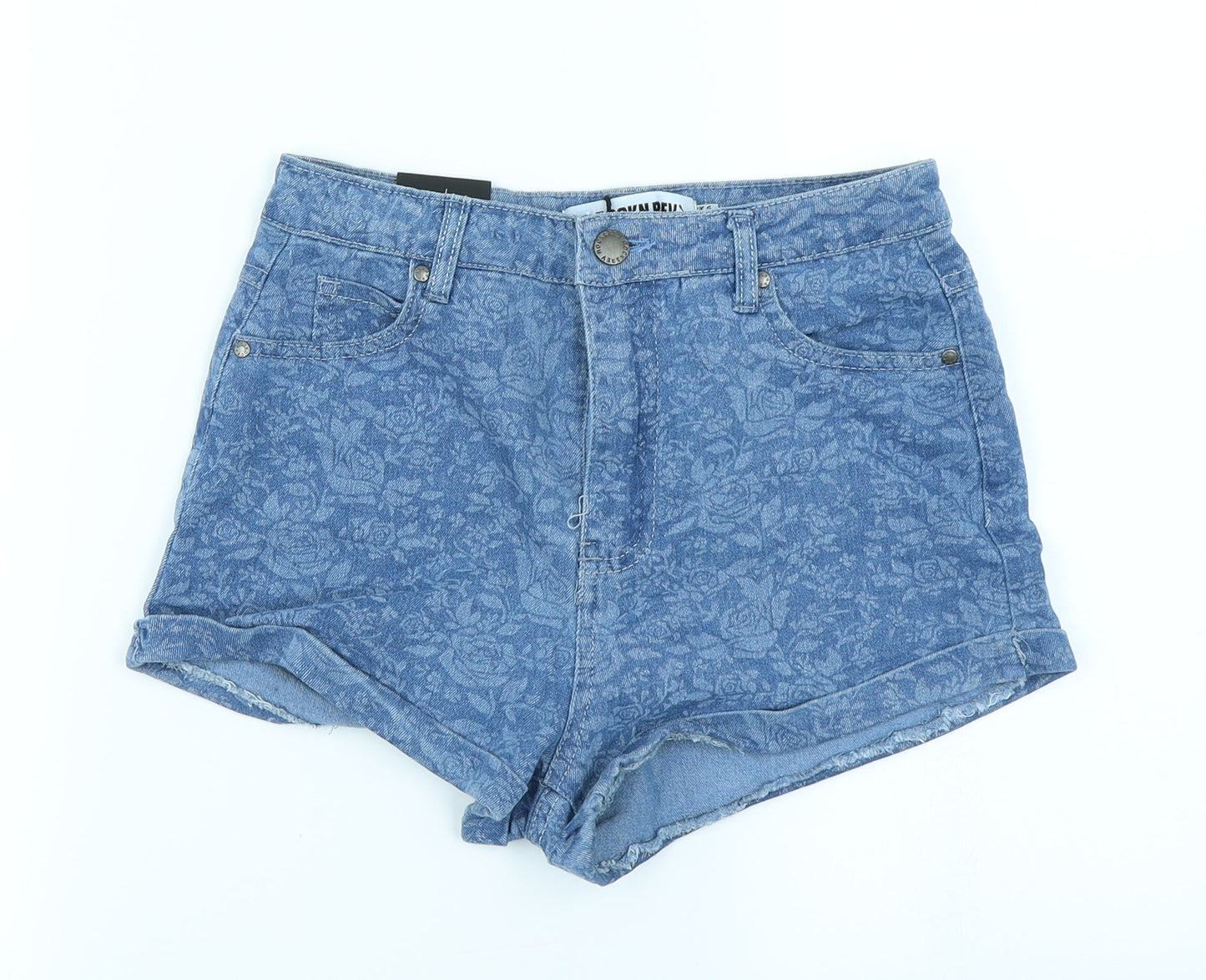 The Rockin Rev Womens Blue Floral Denim Hot Pants Shorts Size 6