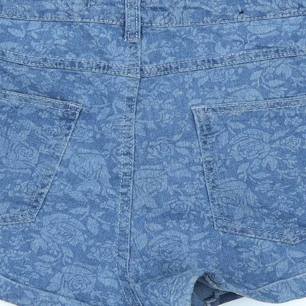 The Rockin Rev Womens Blue Floral Denim Hot Pants Shorts Size 6