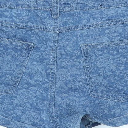 The Rockin Rev Womens Blue Floral Denim Hot Pants Shorts Size 6