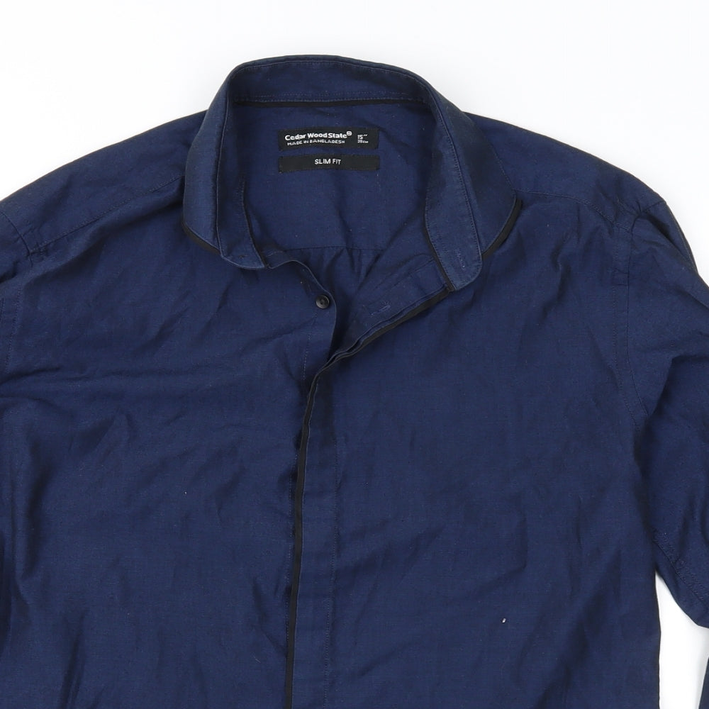 Mens UK Size 15 Cedar Wood State Blue  Button-Up Long Sleeve Casual Shirt