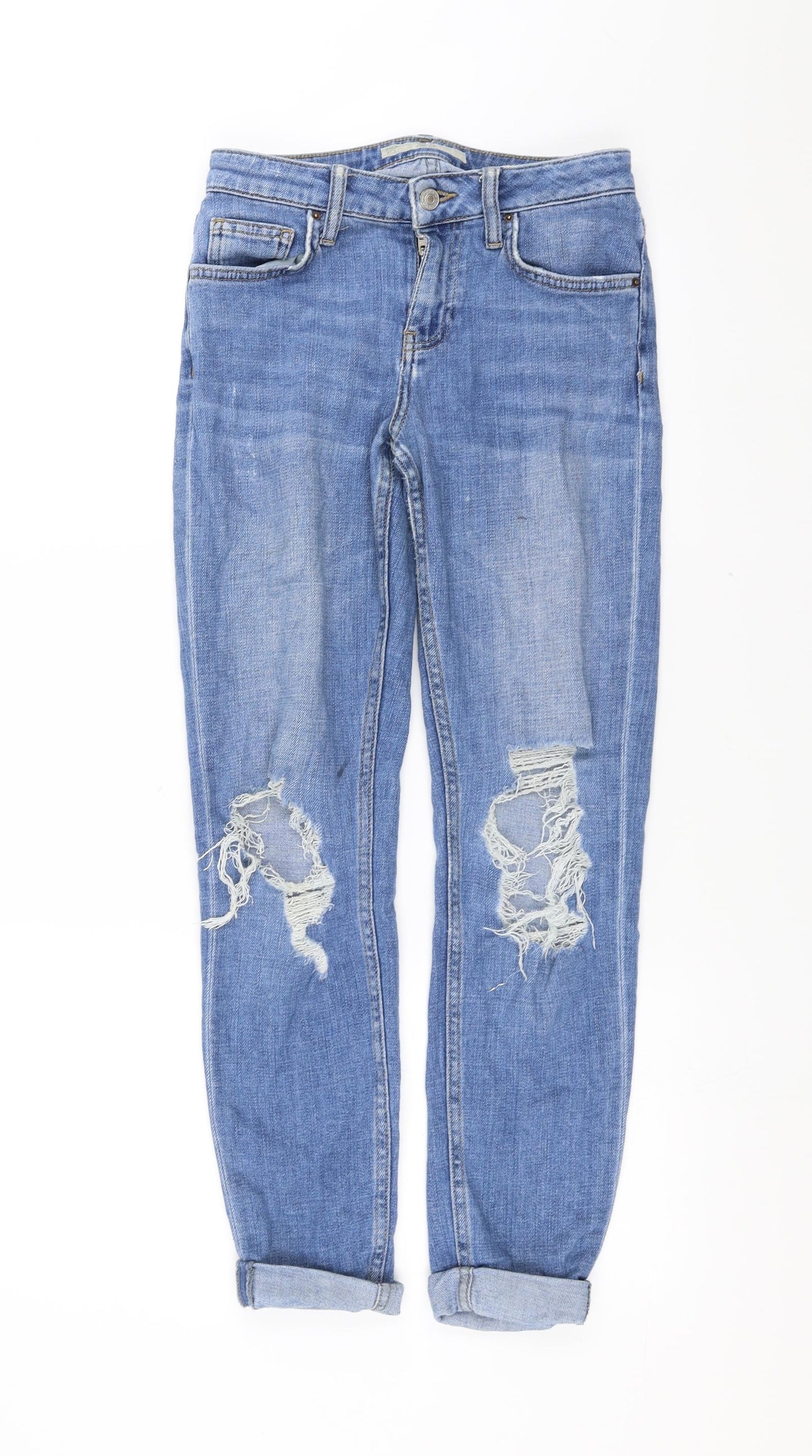 Topshop Womens Blue  Denim Straight Jeans Size 25 in L27 in - distressed