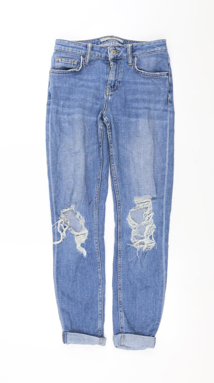 Topshop Womens Blue  Denim Straight Jeans Size 25 in L27 in - distressed