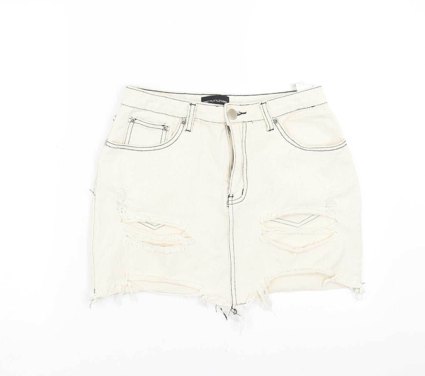 PRETTYLITTLETHING Womens Ivory  Denim Mini Skirt Size 10  - Distressed