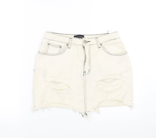 PRETTYLITTLETHING Womens Ivory  Denim Mini Skirt Size 10  - Distressed
