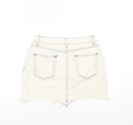 PRETTYLITTLETHING Womens Ivory  Denim Mini Skirt Size 10  - Distressed