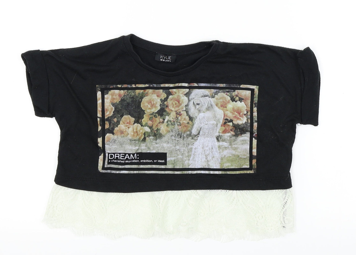 Kylie Girls Black Houndstooth  Basic T-Shirt Size 9 Years  - LACE BOTTOM