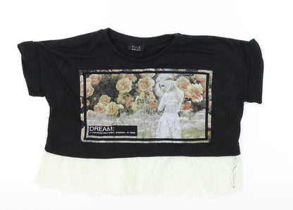 Kylie Girls Black Houndstooth  Basic T-Shirt Size 9 Years  - LACE BOTTOM