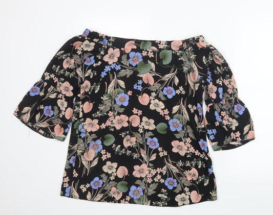 F&F Womens Black Floral Mesh Basic Blouse Size 10