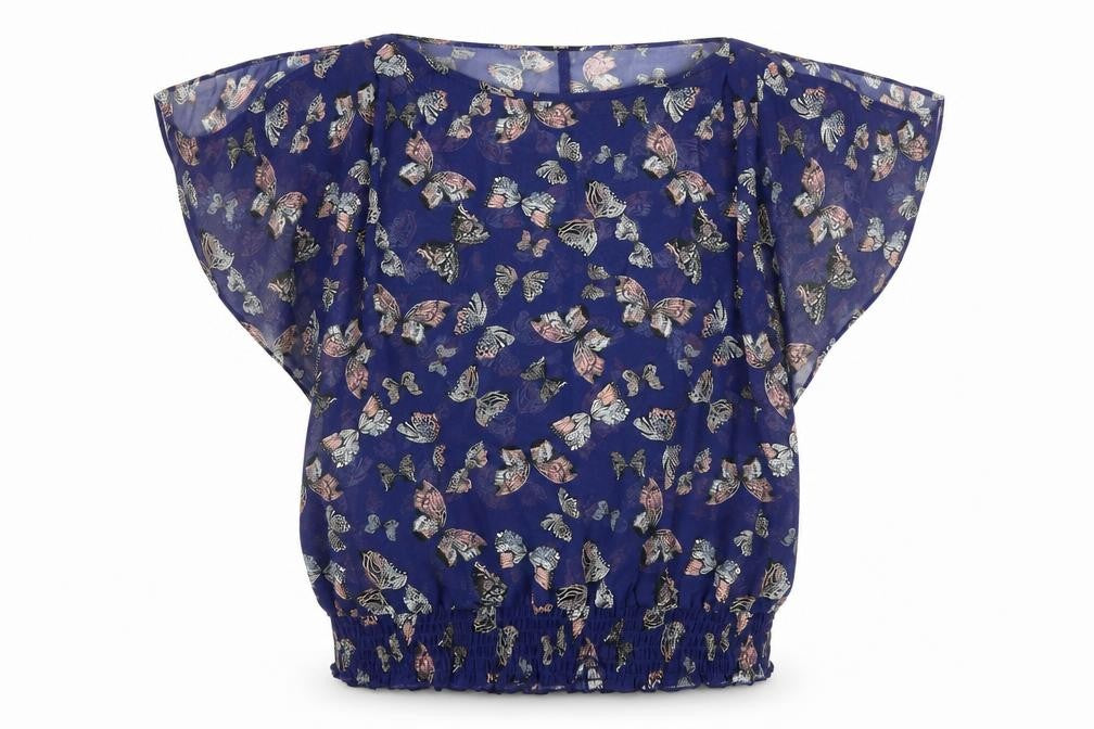 F&G Womens Blue Geometric Chiffon Basic Blouse Size 6  - Butterflies