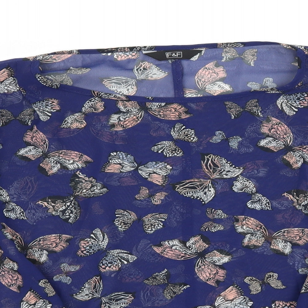 F&G Womens Blue Geometric Chiffon Basic Blouse Size 6  - Butterflies