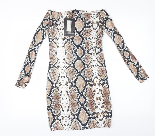 PRETTYLITTLETHING Womens Brown Animal Print  Bodycon  Size 10