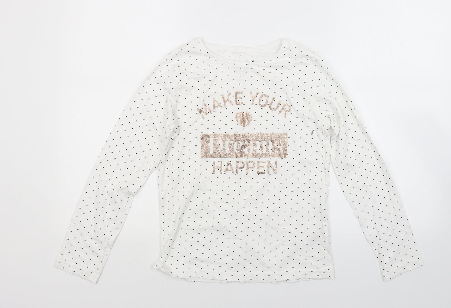 Primark Girls White Polka Dot  Basic T-Shirt Size 11 Years  - Make Your Dreams Happen