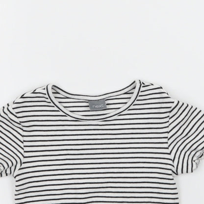Next Girls White Striped Jersey Basic T-Shirt Size 7 Years