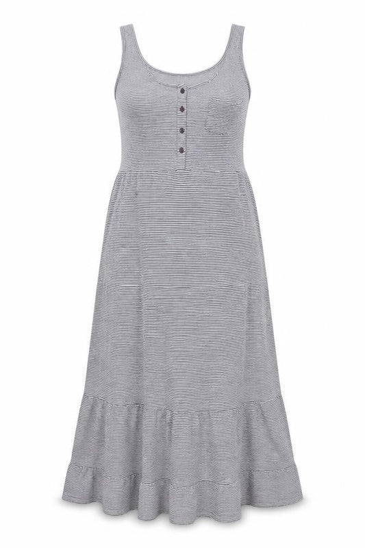 Front view of Papaya women’s blue striped a-line, size UK 10, - frill detail