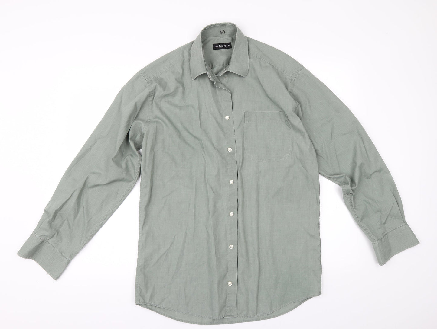 Mens UK Size 14.5 Marks and Spencer Green  Button-Up Long Sleeve Casual Shirt