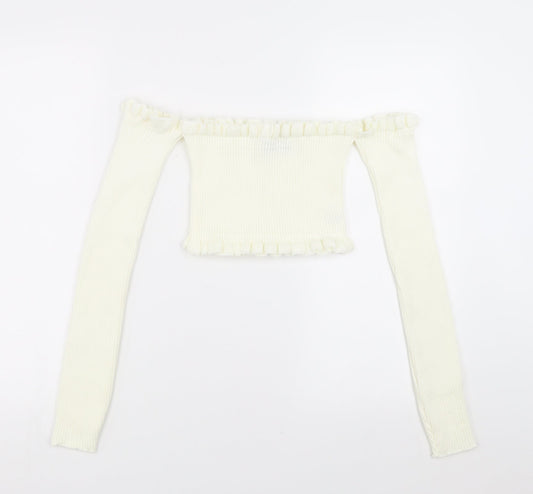 PRETTYLITTLETHING Womens Ivory   Pullover Jumper Size 8  - cropped off the shoulder