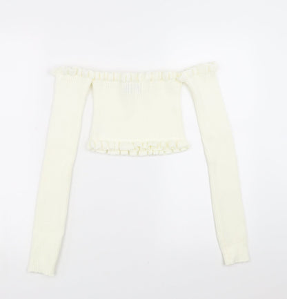 PRETTYLITTLETHING Womens Ivory   Pullover Jumper Size 8  - cropped off the shoulder