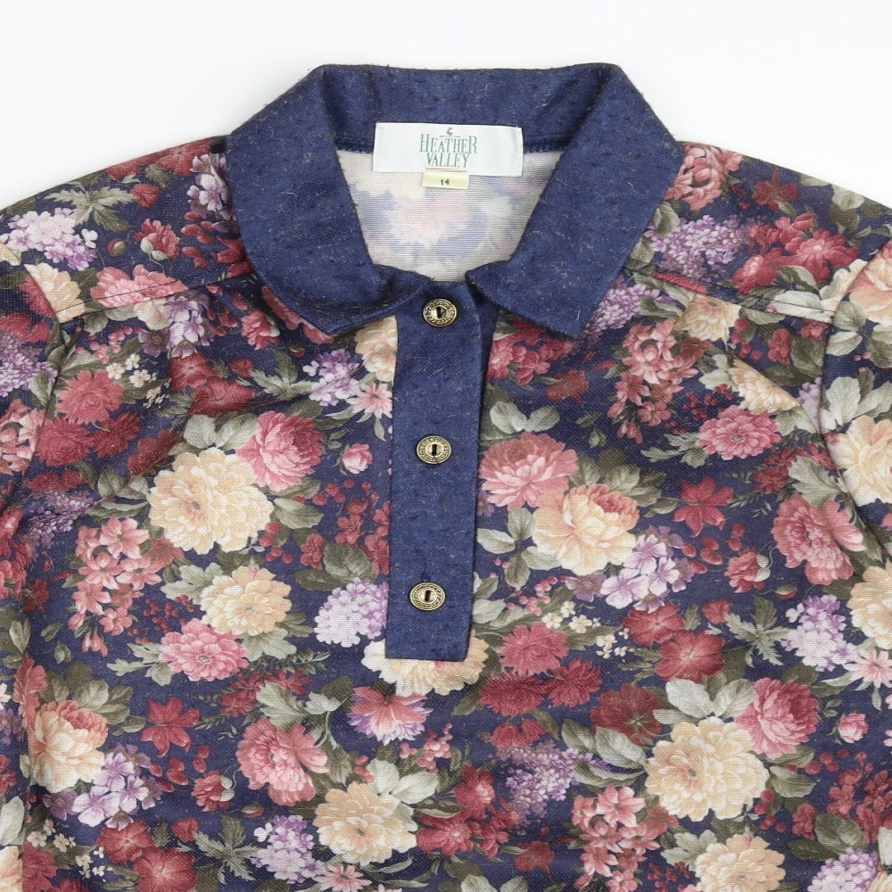 Heather Valley Womens Blue Floral  Pullover Sweatshirt Size 14