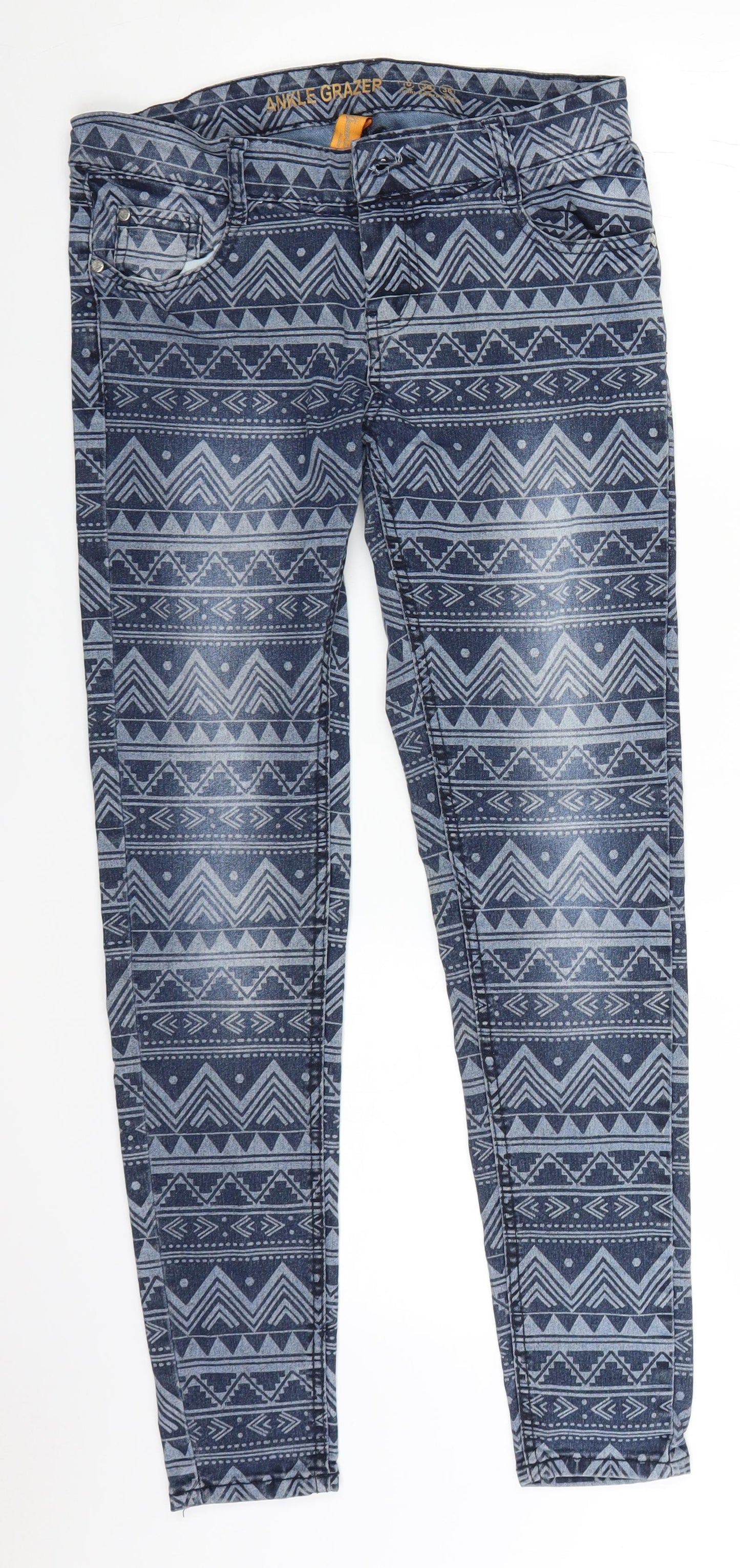 Primark Womens Blue Geometric Denim Straight Jeans Size 10 L28 in