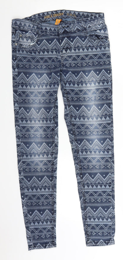 Primark Womens Blue Geometric Denim Straight Jeans Size 10 L28 in