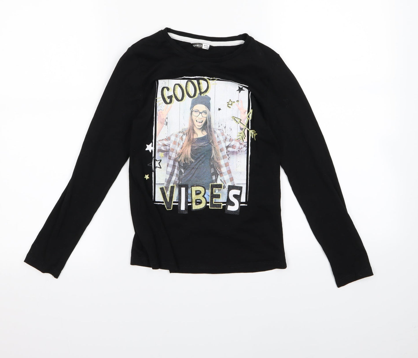 pep co Girls Black   Basic T-Shirt Size 8 Years  - good vibes