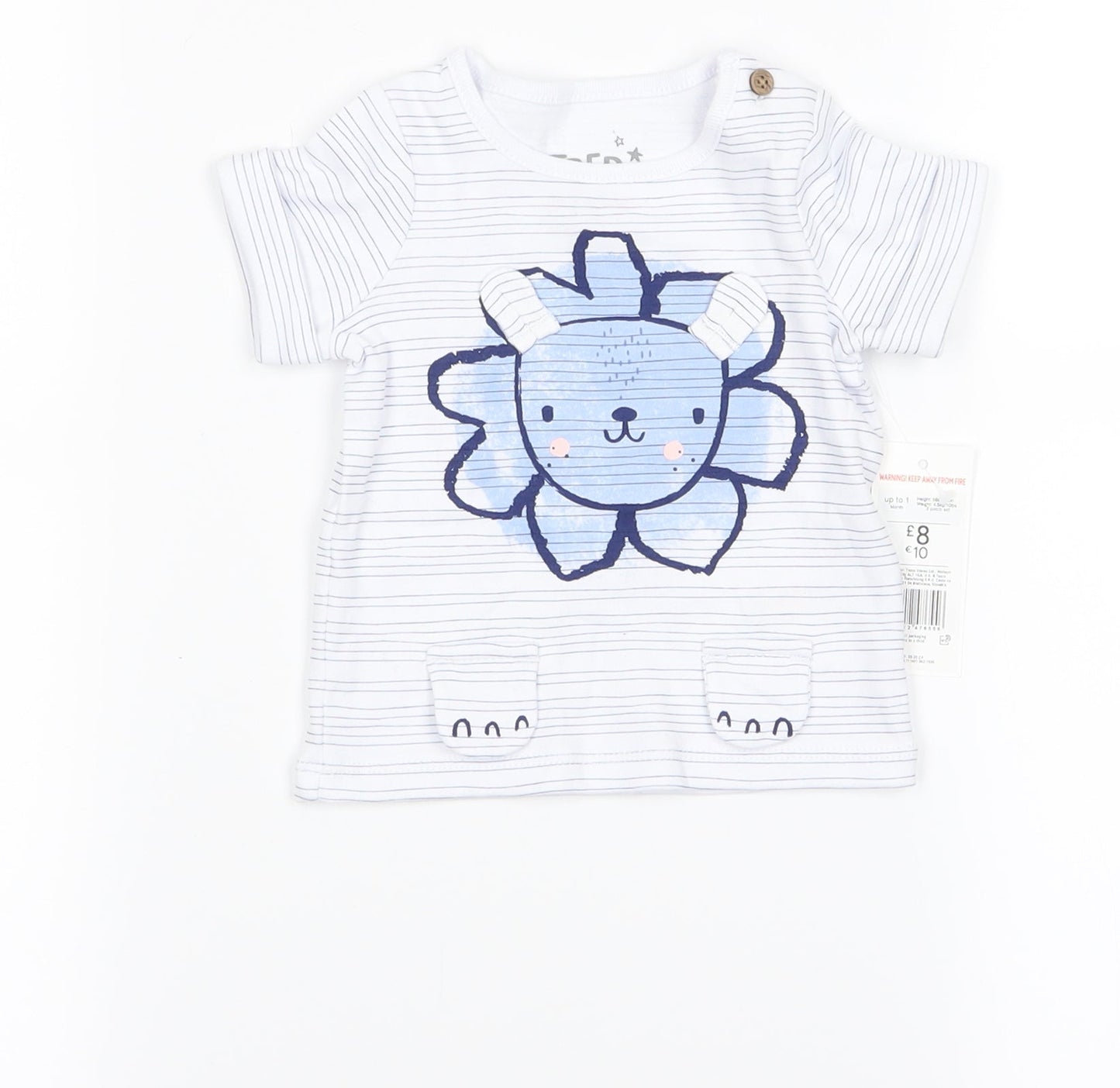 fred flo Baby White Striped  Basic T-Shirt Size 0-3 Months  - lion
