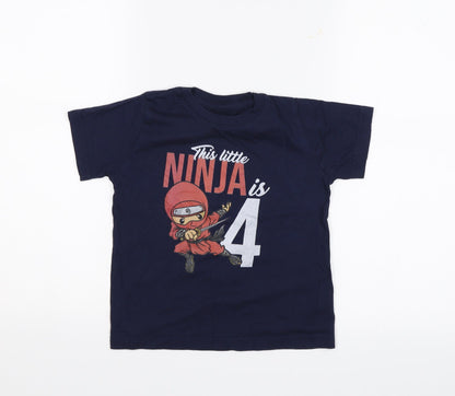 Matalan Boys Blue   Basic T-Shirt Size 4 Years  - This little ninja is 4