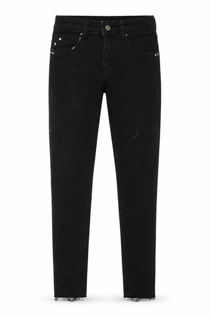 Front view of Denim & Co. women’s black denim skinny jeans, size UK 6, 26-inch leg