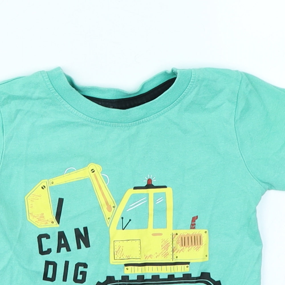 Close-up detail of Primark boys’ green basic t-shirt, size 9-12, months