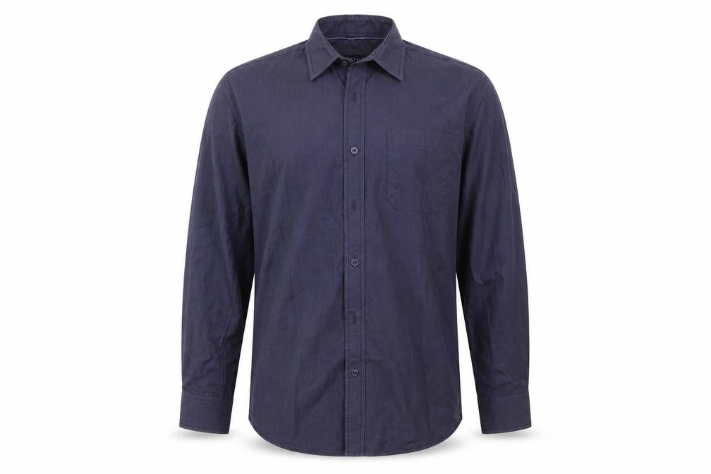 Front view of John Miller men’s blue dress shirt, size M