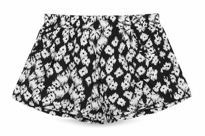 Front view of Vero women’s black animal print paperbag shorts, size S