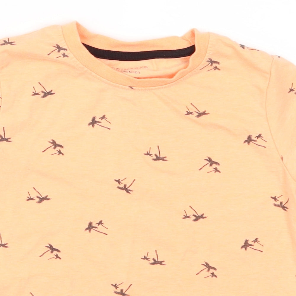 Close-up detail of Primark boys’ orange basic t-shirt, size 3-4, years - palm trees
